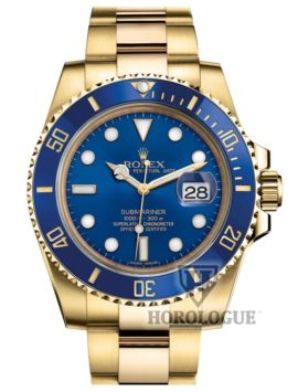 18K yellow gold submariner with blue dial and blue bezel