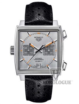 Grey Tag Heuer Monaco Calibre 11 watch with orange hands