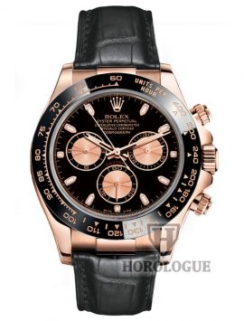 Rolex Daytona watch with everose case, black dial, black bezel and black leather band