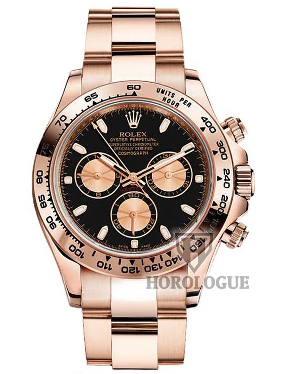 18k Rose gold daytona watch with gold chronograph subdials and black dial