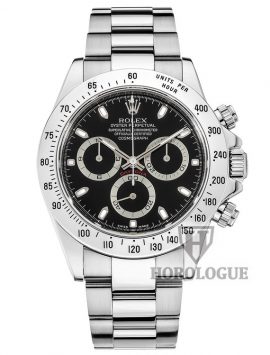 stainless steel rolex daytona watch with black dial