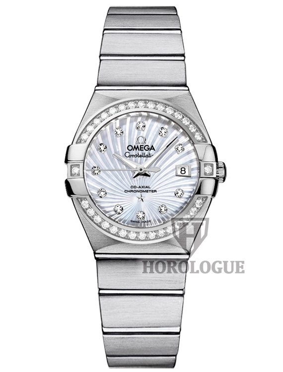 light blue dial Omega Constellation Ladies Watch with diamond bezel and stainless steel band