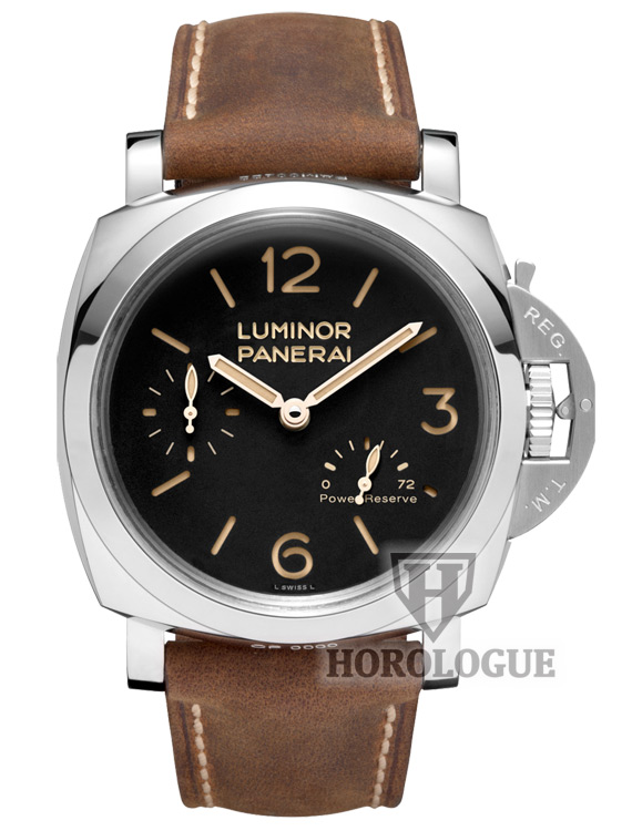 Black Dial Panerai Luminor watch with power reserve hand and brown Assolutamente calf leather