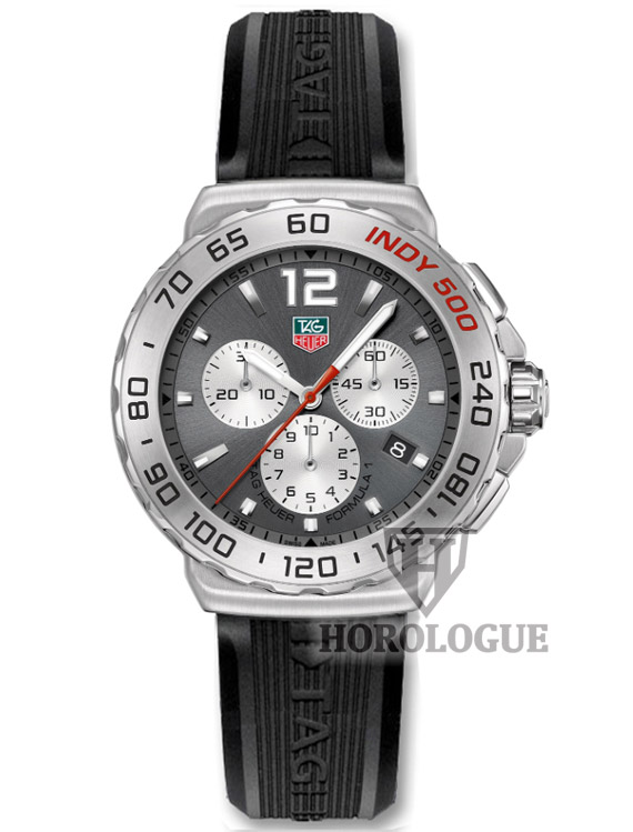 Formula 1 Tag Heuer watch with grey dial and Indy 500 on bezel