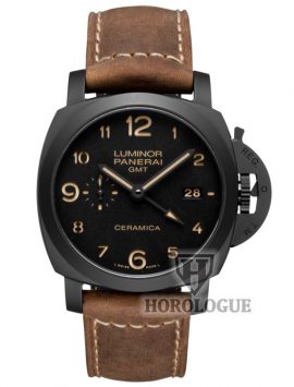 black ceramic Panerai Luminor 1950 watch with brown leather strap